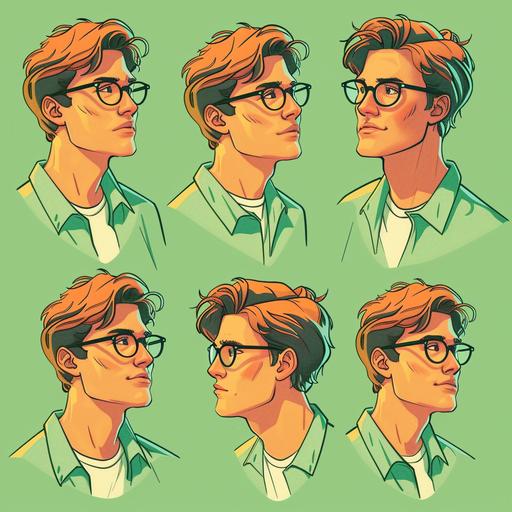 2-D 50's comic style, pastel orange green colors, man in his 20's, with glasses, humanist, empathetic, multiple poses and expressions, front view. - Variations