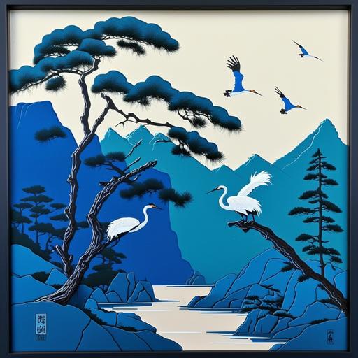 2 SMALL Cranes at Stream in bright blue, 3 Korean pine trees, and white simple rocks at Korean Mountain, with Korean traditional folk art style, 2d, no frame, no letters, no Japanes type