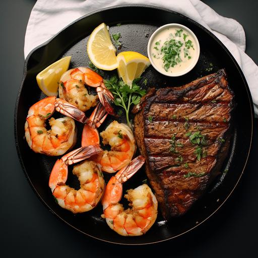 2 Seared Steaks on the right side of the plate and 6 grilled and charred shrimp with no tails to the left of the 2 steaks, dont distort the shrimp, use the photo in the link as reference, Make it organized, Black Skillet, Photo realistic, Hyperrealism, surrealism, Photorealistic, Black Oak Backround, High Detail, Aerial View, add chives, make steak look juicy and hyper realistic, add garlic butter ::