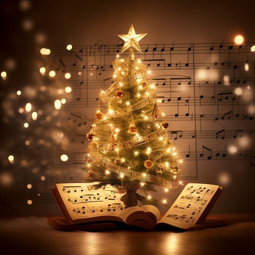 2 bars of sheet music with Christmas lights for notes and a Christmas tree as the treble cleff.