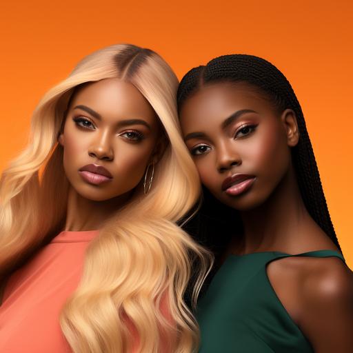 2 beautiful black women close up, beauty editorial style, luxury look, full glam makeup, long blonde and orange straight hair extensions, long black wavy Brazilian hair extensions, highly detailed, mink lash extensions, 500mm, 8K, hoop earrings, ages 25-30 years old, posing as models in a commercial ad, bright color background