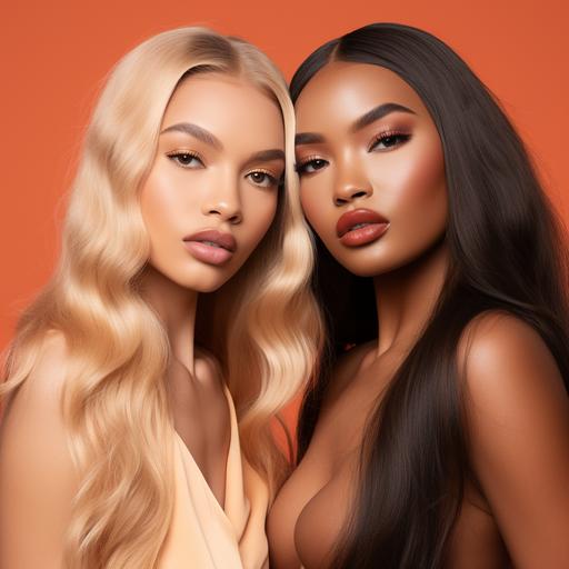 2 beautiful black women close up, beauty editorial style, luxury look, full glam makeup, long blonde and orange straight hair extensions, long black wavy Brazilian hair extensions, highly detailed, mink lash extensions, 500mm, 8K, hoop earrings, ages 25-30 years old, posing as models in a commercial ad, bright color background