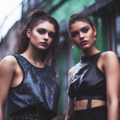 2 beautiful, gorgeous models wearing wet crop tops modeling in the rain. glamshot.
