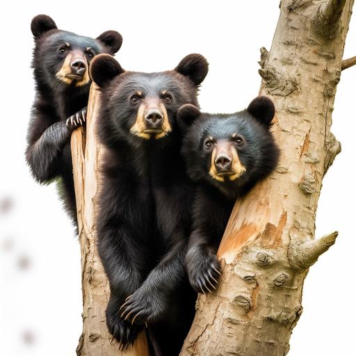 2 black bear cubs and mama bear in a tree on a white background, 8k, vibrant --ar 12:12 --v 5.1