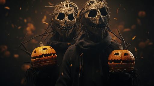 2 characters with pumpkins as faces holding baskets made of thorn bushes filled with scary themed candy inside the baskets, characters are dressed for trick or treat theme, pumpkin faces, orange and black colors, dark theme, thorn bushes baskets, evil theme, UHD, 8K, HQ, --ar 16:9