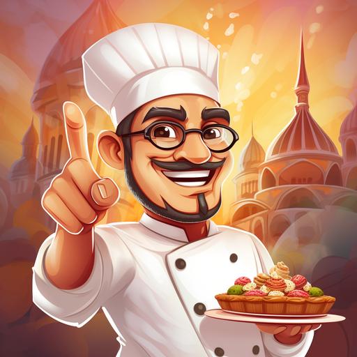 2 dimensional chef, cartoon, animated, thumbs up, bright background, holding indonesian martabak