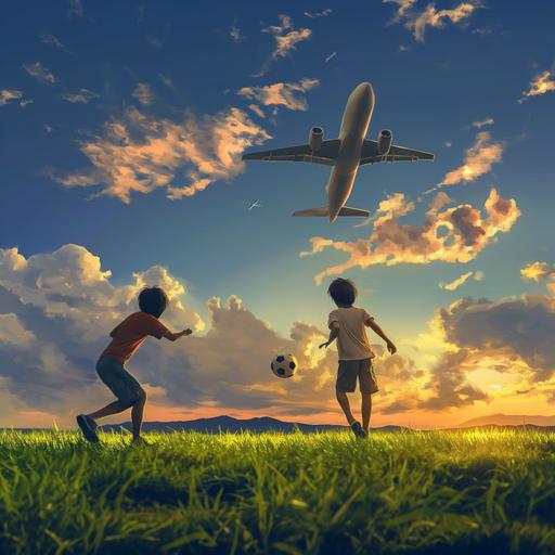 2 friends play football in green lawn beautiful evening sky an airplane in the sky digital painting syle --v 6.0