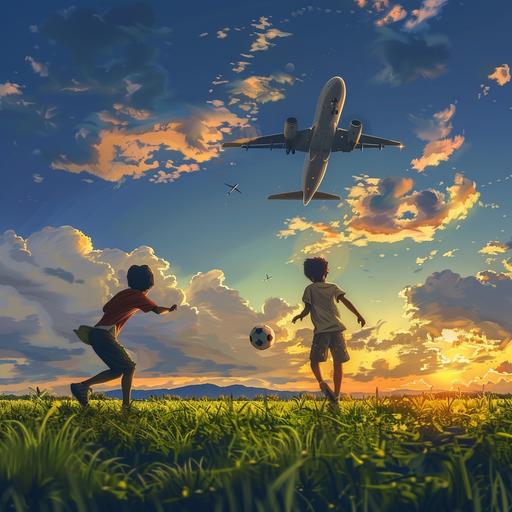 2 friends play football in green lawn beautiful evening sky an airplane in the sky digital painting syle