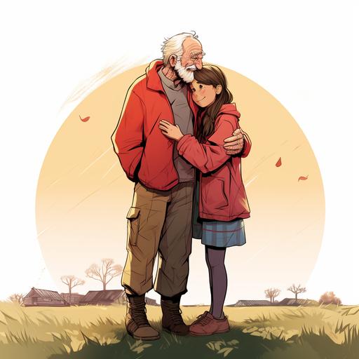2 full body charecters hugging each other, one is a old man wearing an army printed sleeveless jacket over a red t-shirt, another one is a young girl wearing a hoddie, both of them ar standing on a farm facing straight, cartoon, illustration