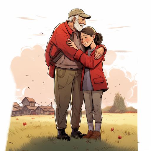 2 full body charecters hugging each other, one is a old man wearing an army printed sleeveless jacket over a red t-shirt, another one is a young girl wearing a hoddie, both of them ar standing on a farm facing straight, cartoon, illustration