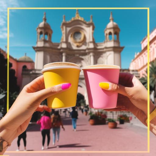 2 high resolution hands of 2 different women with yellow and pink painted nails, holding a pink coffee cup and cheering up with the Alcala Gate from Madrid as background