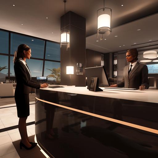 2 hotel receptionist side by side is talking to a hotel guest in front of a desk (1st person's VR POV)