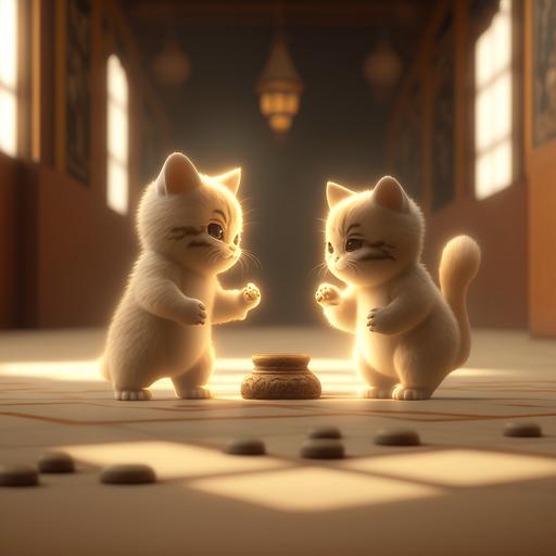 2 kittens preforming catjitsu in a mystical dojo, cream lighting, white japanese dojo walls, light tan carpet floor, 3D rendering, pixar style