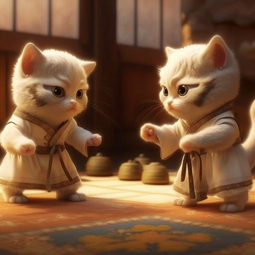 2 kittens wearing white martial arts gi kimonos preforming catjitsu in a mystical dojo, cream lighting, white japanese dojo walls, light tan carpet floor, 3D rendering, pixar style