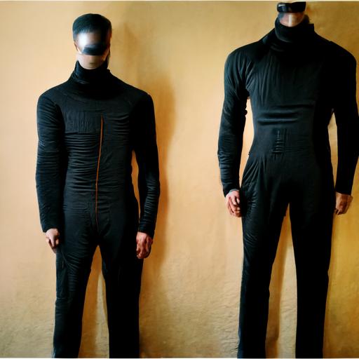2 men in black compression turtleneck body suit frottaging each other