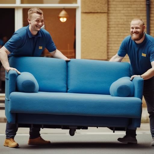 2 men (one smiling), both in blue polo shirts carrying a sofa to a removals truck
