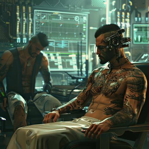 2 men with strong muscles The tattoo is an ancient Thai pattern.Cyberpunk backdrop of futuristic Warsaw with palm flirty spy.implementing AI capabilities via a futuristic device attached to the head of a 20-25 year old male sitting on a doctor's chair. Photorealistic, lowlight. perfect lighting high resolution high definition,8k.--v 6.0