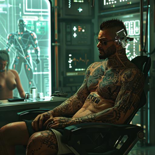 2 men with strong muscles The tattoo is an ancient Thai pattern.Cyberpunk backdrop of futuristic Warsaw with palm flirty spy.implementing AI capabilities via a futuristic device attached to the head of a 20-25 year old male sitting on a doctor's chair. Photorealistic, lowlight. perfect lighting high resolution high definition,8k.--v 6.0