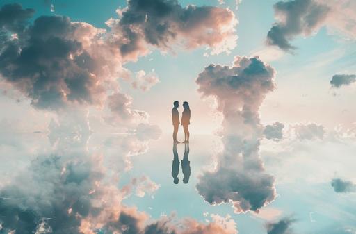 2 people in the sky looking at each other in the clouds, in the style of light pink and light amber, joel robison, experimental video, mandy disher, isaac julien, geometric balance, argus c3 --ar 89:59 --v 6.0