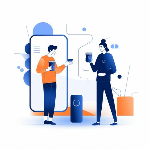 2 people standing around a high table holding a coffe and talking, Icon for app, comicstyle, on white background, darkblue theme ux, ui, ux/ ui orange accents --v 5