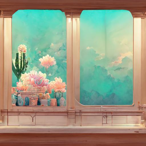 2-point perspective shot, sky blue vtuber virtual room art deco, pastel book bookshelf, windows with curtain, cactus and succulent, beautifully detailed, environments 8k
