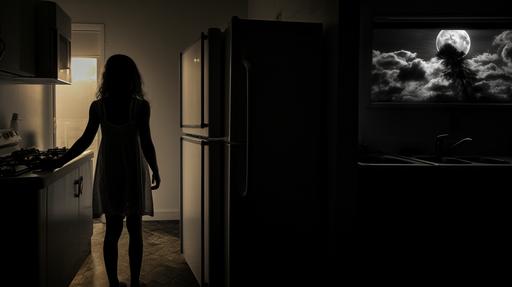 2 scenes in one image;;n part 1 of the scene and seen from behind: a woman and a man walking hand in hand towards a setting sun:: in part 2, a child opening an empty fridge and crying, black & white pic, photonegative refractograph, --ar 16:9