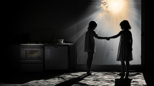 2 scenes in one image;;n part 1 of the scene and seen from behind: a woman and a man walking hand in hand towards a setting sun:: in part 2, a child opening an empty fridge and crying, black & white pic, photonegative refractograph, --ar 16:9