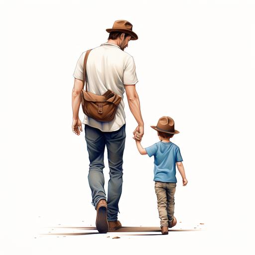 2-year-old boy, brown hair, blue pants and white shoes, brown hat on head, holding hands with dad: 35-year-old boy wearing brown hat, shaved hair, brown pants and white shoes. white background. Disney Pixar style