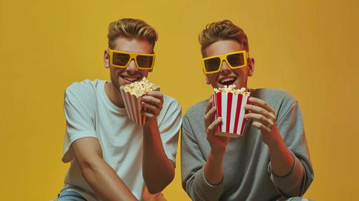 2 young guys wearing 3D glasses and eating popcorn, fun happy expression, gold background, grey clothes, pop art direction, studio lighting, real photography, --ar 16:9