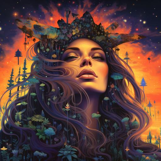 Nostalgic artwork presenting a stunning woman with a happy face and black long hair, amidst flourishing cannabis plants, set against a cosmic galaxy of iconic elements, with a throwback to the vibrant and bold color aesthetics of the vintage 80s, accentuated by a CMYK color scheme, with Summer fuits words logo.