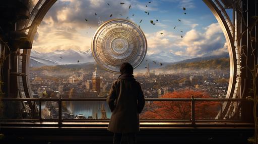 A time traveler, earnestly attempting to convey a highly important message from a lightworker, the image portrays an ultra-realistic scene set in broad daylight; the surroundings feature a bustling cityscape with intricate details, vivid colors, and a clear sky, aiming for a Photorealistic style, executed with a high-resolution digital camera and a 35mm lens, --ar 16:9