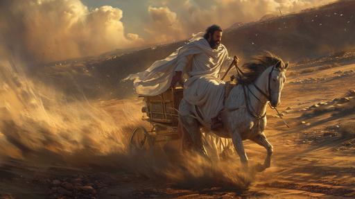 Elijah Running Ahead of Ahab's Chariot to Jezreel: A Manifestation of the Lord's Guidance. Analyze the symbolic act of Elijah running ahead of Ahab's chariot to Jezreel, showcasing the divine guidance and intervention that marked the prophet's journey. image realistic, cinematic style, --ar 16:9 --v 6.0
