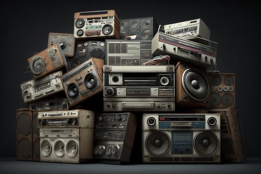 20' pile of broken boomboxes 1980's --v 4 --ar 3:2 --s 1000 --s 20000