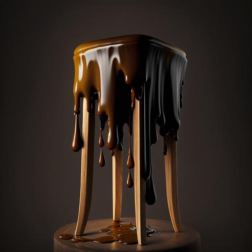 realistic photo of piece of brown melted wax on top of tall wooden stool with black curtain background