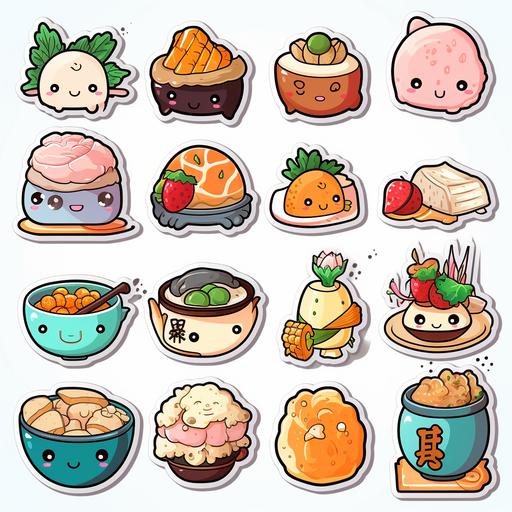 20 stickers, kawaii japanese food, design board,anime style, flat colo