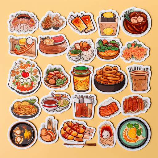 20 stickers korean food, kawaii, design board,anime style, flat colo