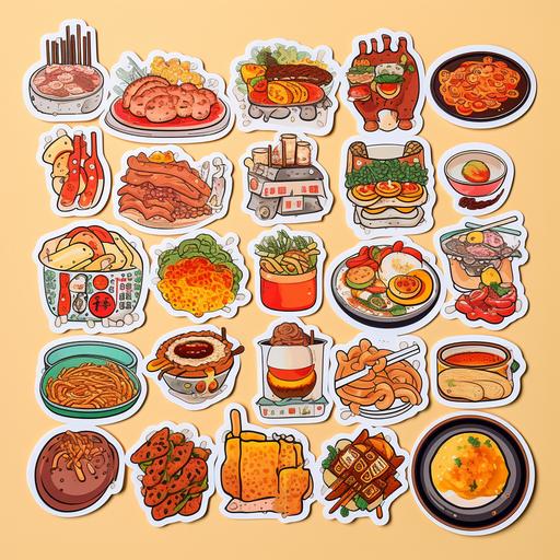 20 stickers korean food, kawaii, design board,anime style, flat colo