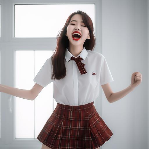 20 year old beautiful girl, Korean-Filipino, school uniform short sleeve and red-brown checkered mini skirt, arms outstretched, dark brown hair, happy smile, posing in a white room, looking at Camera, photo, soft lighting, sony a7, 50 mm, hyperdetailed, hyperrealistic --v 5