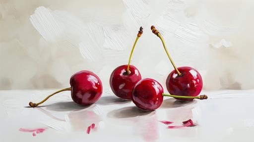 3 cherry, still life, oil painting, cherry, white background --ar 16:9 --s 50 --v 6.0