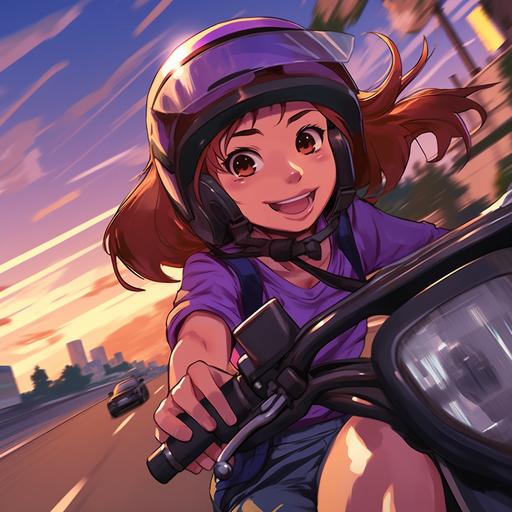 2000s anime art style girl long brown hair driving a purple sports bike down road at dusk vibrant iconic colors windy happy wearing helmet with visor