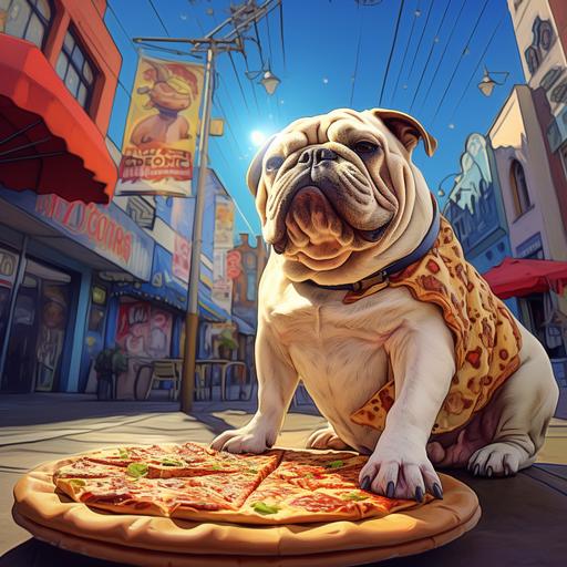 a cartoon style fat britich bulldog eating a pizza on teh street =s of los angeles
