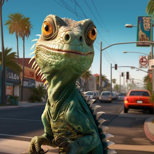 a cartoon style iguana on teh meadn streets of los angles