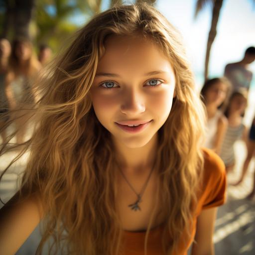 A happy 16-year-old girl, looking like a young Cameron Diaz, takes a cheerful selfie. She's with a bunch of friends from different countries, all smiling brightly. They're on a pretty beach with soft, white sand and clear blue water. Tall palm trees make cool shadows on the sand. The sun is setting, painting everything with warm, lovely colors. They're all having a great time, capturing the moment on an old-style Kodak camera.