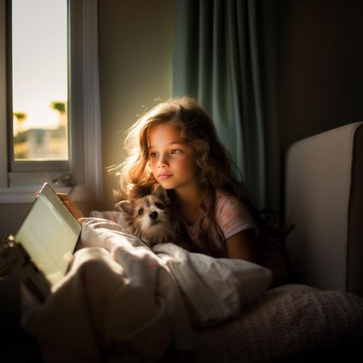 a happy 8 year-old girl sitting on the bed, looking closely into an iPad the girl holds in her hand, smiling, a cream chihuahua kissing the girl on the cheek, natural light, sunlight from the window, intricate details, shot on fujifilm