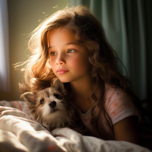 a happy 8 year-old girl sitting on the bed, looking closely into an iPad the girl holds in her hand, smiling, a cream chihuahua kissing the girl on the cheek, natural light, sunlight from the window, intricate details, shot on fujifilm --seed 1648063142