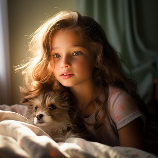 a happy 8 year-old girl sitting on the bed, looking into an iPad the girl holds, smiling, a cream chihuahua kissing the girl on the cheek, natural light, sunlight from the window, intricate details, shot on fujifilm --seed 1648063142