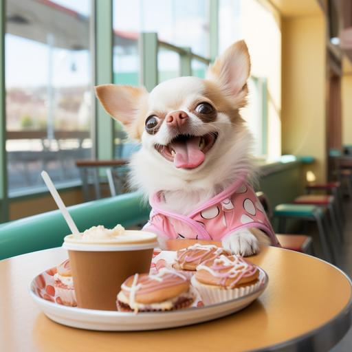 a heartwarming realistic photography of a hyper realistic, adorable, happy, chubby cream Chihuahua, dressed in cute outfits, joyfully having donuts with tea at Krispy Kreme donuts shop. summer. warm and natural lighting. in the style of anthropomorphic. --style raw --v 5.2