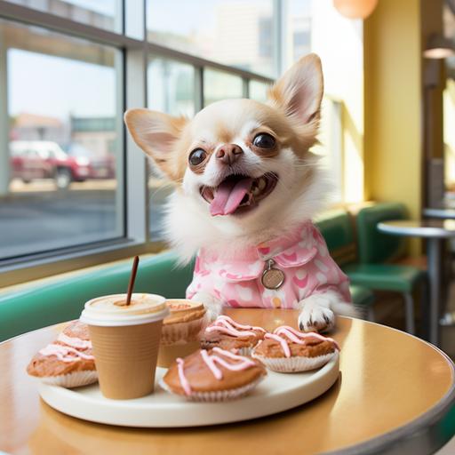 a heartwarming realistic photography of a hyper realistic, adorable, happy, chubby cream Chihuahua, dressed in cute outfits, joyfully having donuts with tea at Krispy Kreme donuts shop. summer. warm and natural lighting. in the style of anthropomorphic. --style raw --v 5.2