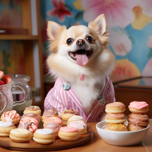 a heartwarming realistic photography of an adorable, happy, chubby cream Chihuahua, dressed in cute outfits, joyfully having donuts, at a donuts shop. summer. warm and natural lighting. in the style of anthropomorphic. --style raw --v 5.2