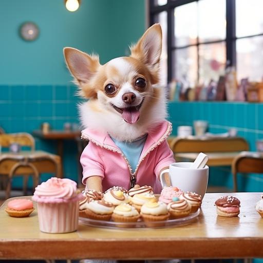 a heartwarming realistic photography of an adorable, happy, chubby cream Chihuahua, dressed in cute outfits, joyfully having donuts, at a donuts shop. summer. warm and natural lighting. in the style of anthropomorphic. --style raw --v 5.2